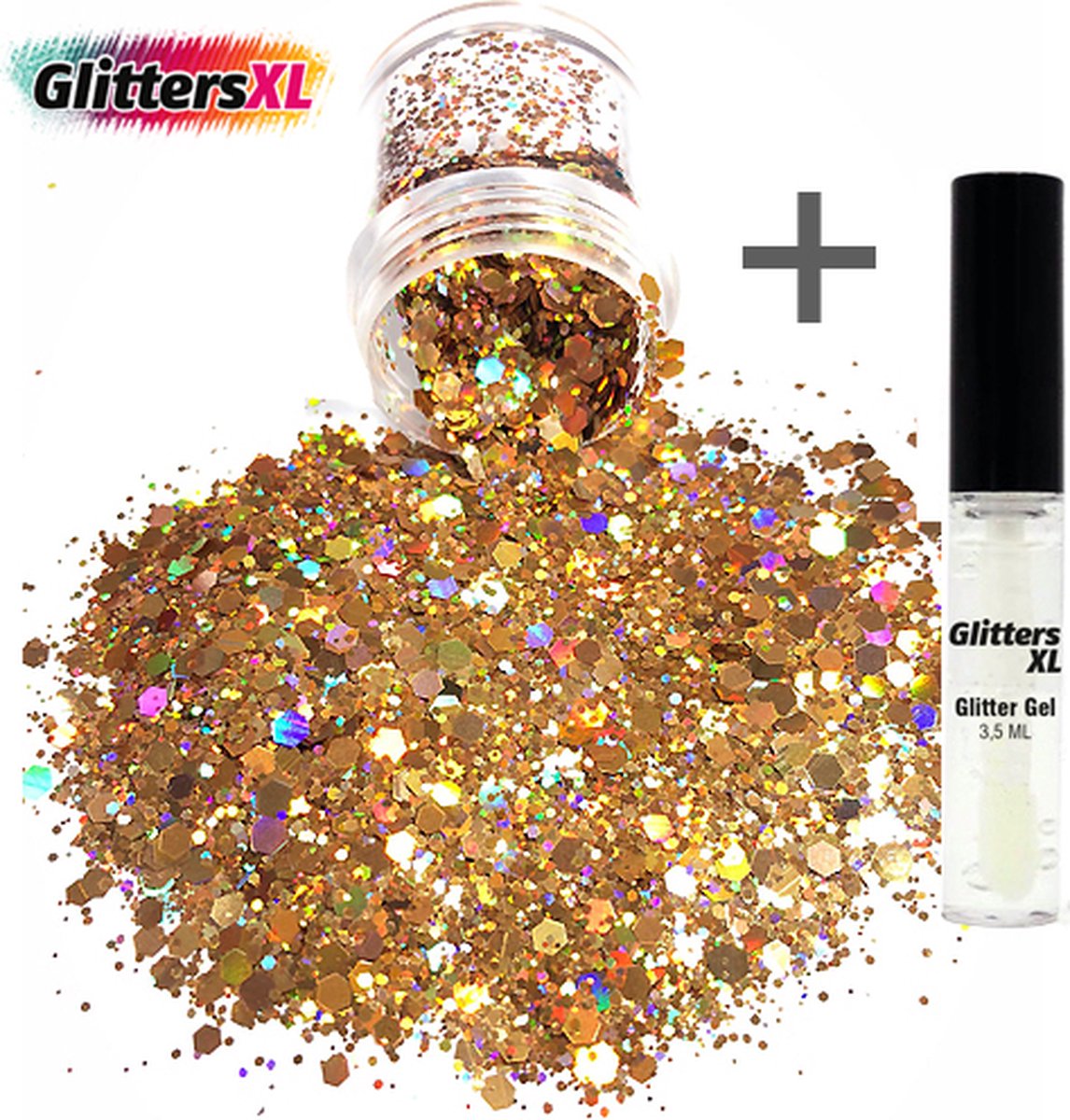 GlittersXL - Chunky Glitters (Rose Goud) (Volume 8g) + Glitter Huid Lijm [Festival Makeup Gezicht Lichaam - Face Body Glitter - Biologisch afbreekbaar - Versiering Dames Volwassen Kinderen]